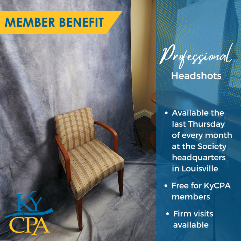 Graphic showing the headshot studio at KyCPA headquarters with a backdrop and chair