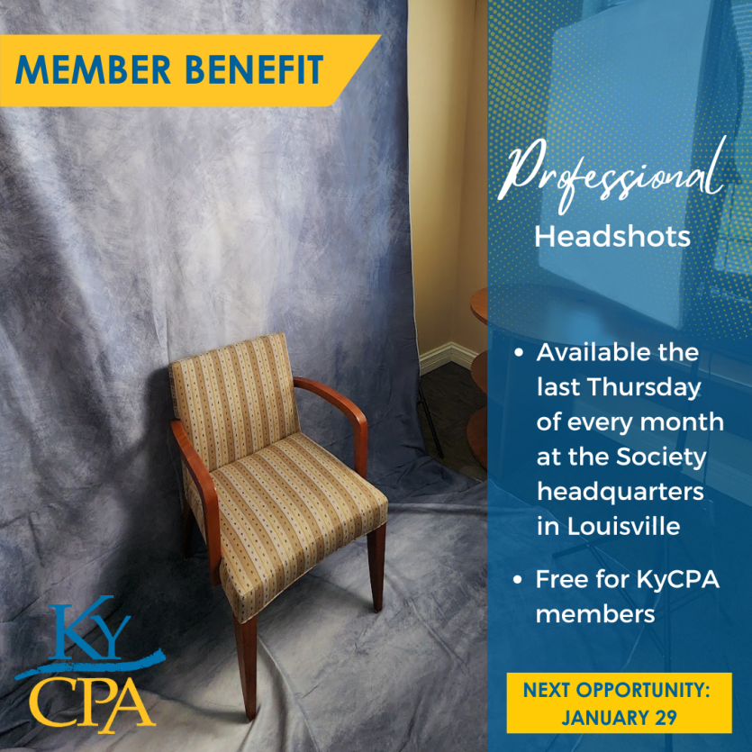 Graphic showing the headshot studio at KyCPA headquarters with a backdrop and chair