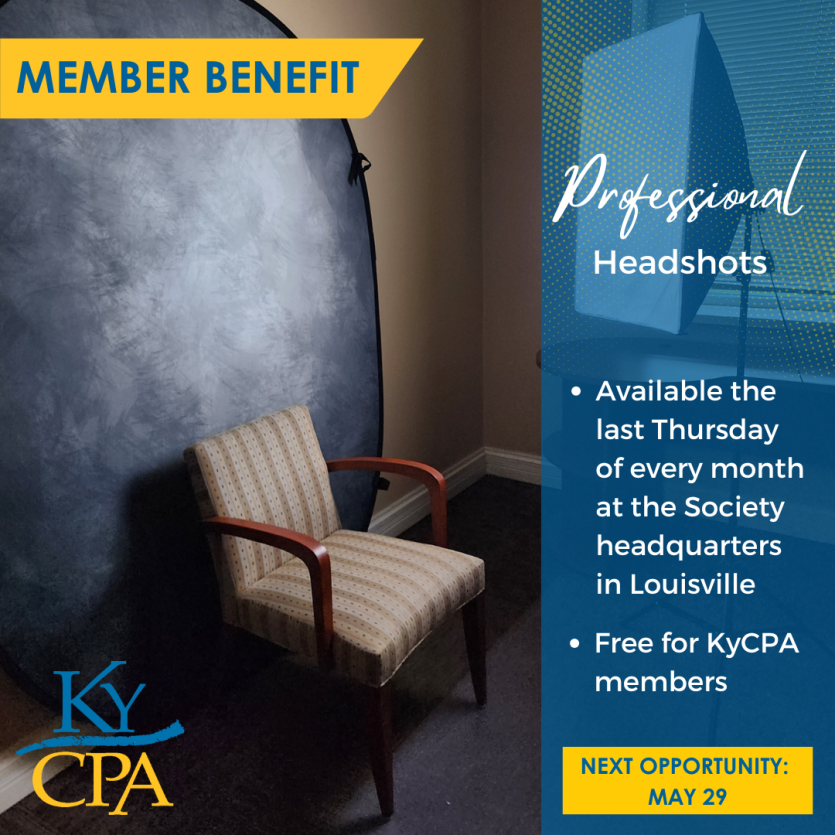 Graphic showing the headshot studio at KyCPA headquarters with a backdrop and chair