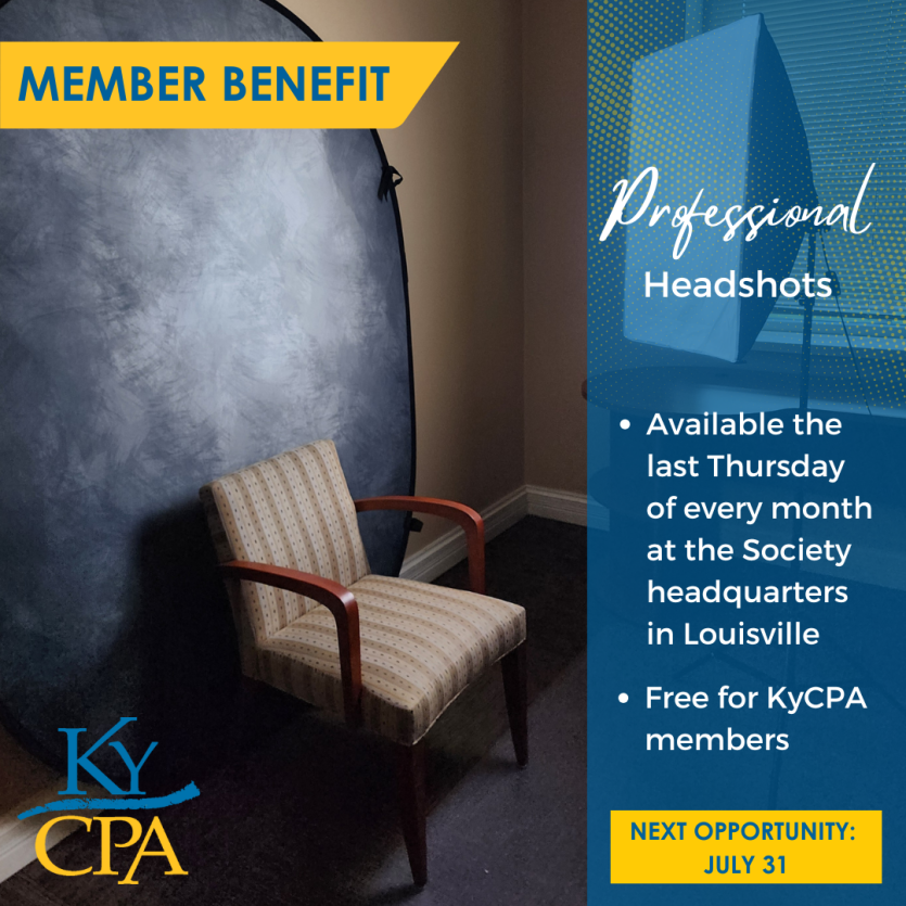 Graphic showing the headshot studio at KyCPA headquarters with a backdrop and chair